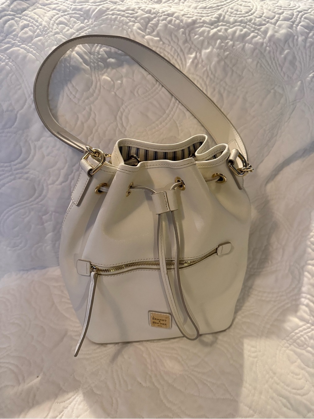Dooney & Bourke Cream Leather Drawstring Bucket Shoulder Bag